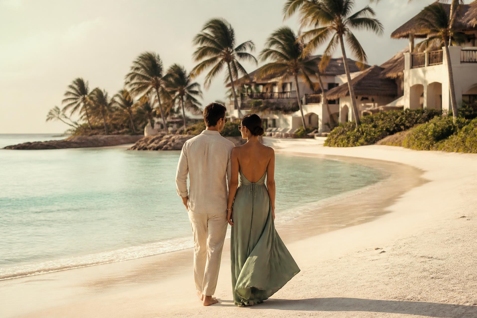 Sunset over a private poolside cabana with linen drapes above the sea